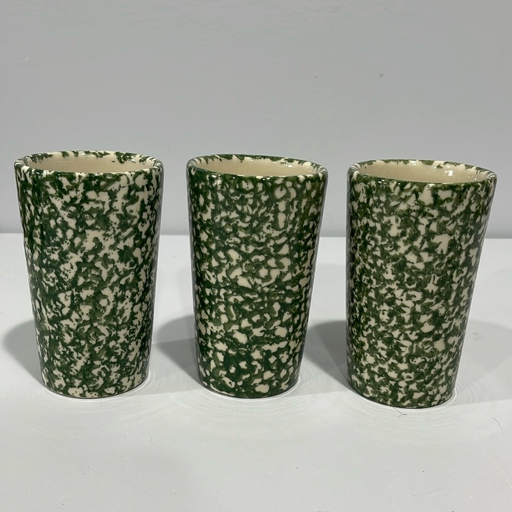Roseville Pottery Green Spongeware tumblers 16 ounce ceramic glasses